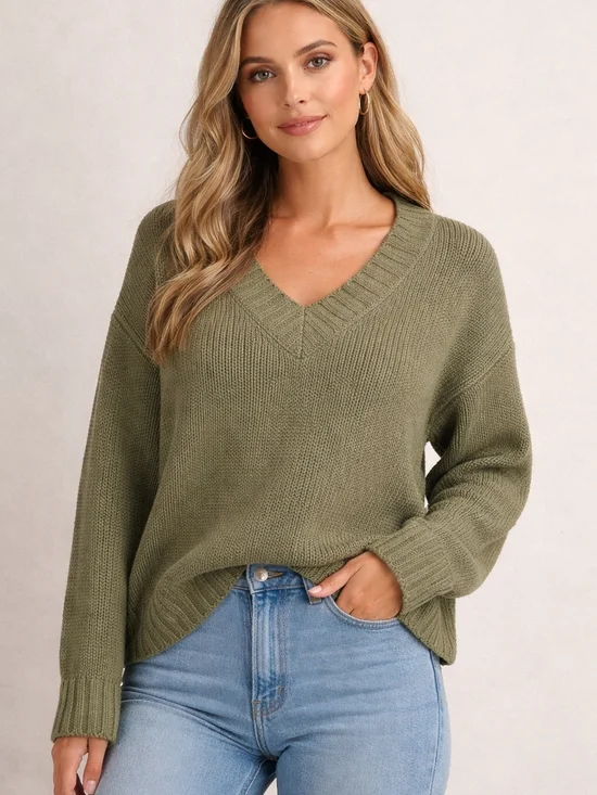 Aerie Olive Green V-Neck Knit Sweater - Picture 1 of 5
